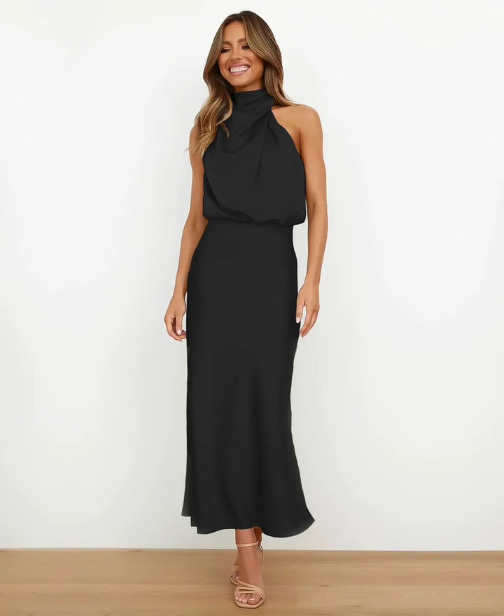 Midi Dress with Draped Neckline - Elegant Stretchy Fitted Dress