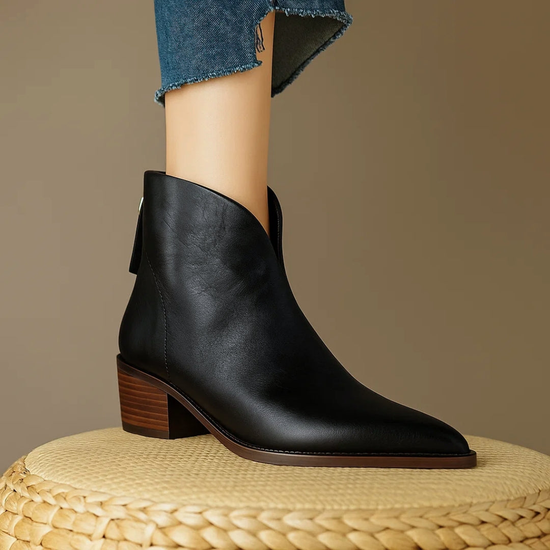 Leather Ankle Boots for Women with Pointed Toe and Block Heel