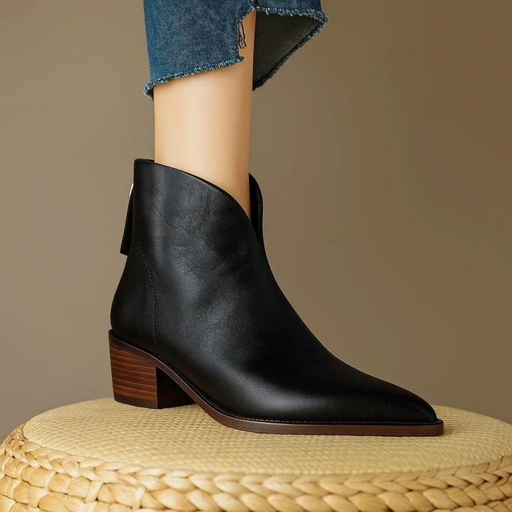 Leather Ankle Boots for Women with Pointed Toe and Block Heel