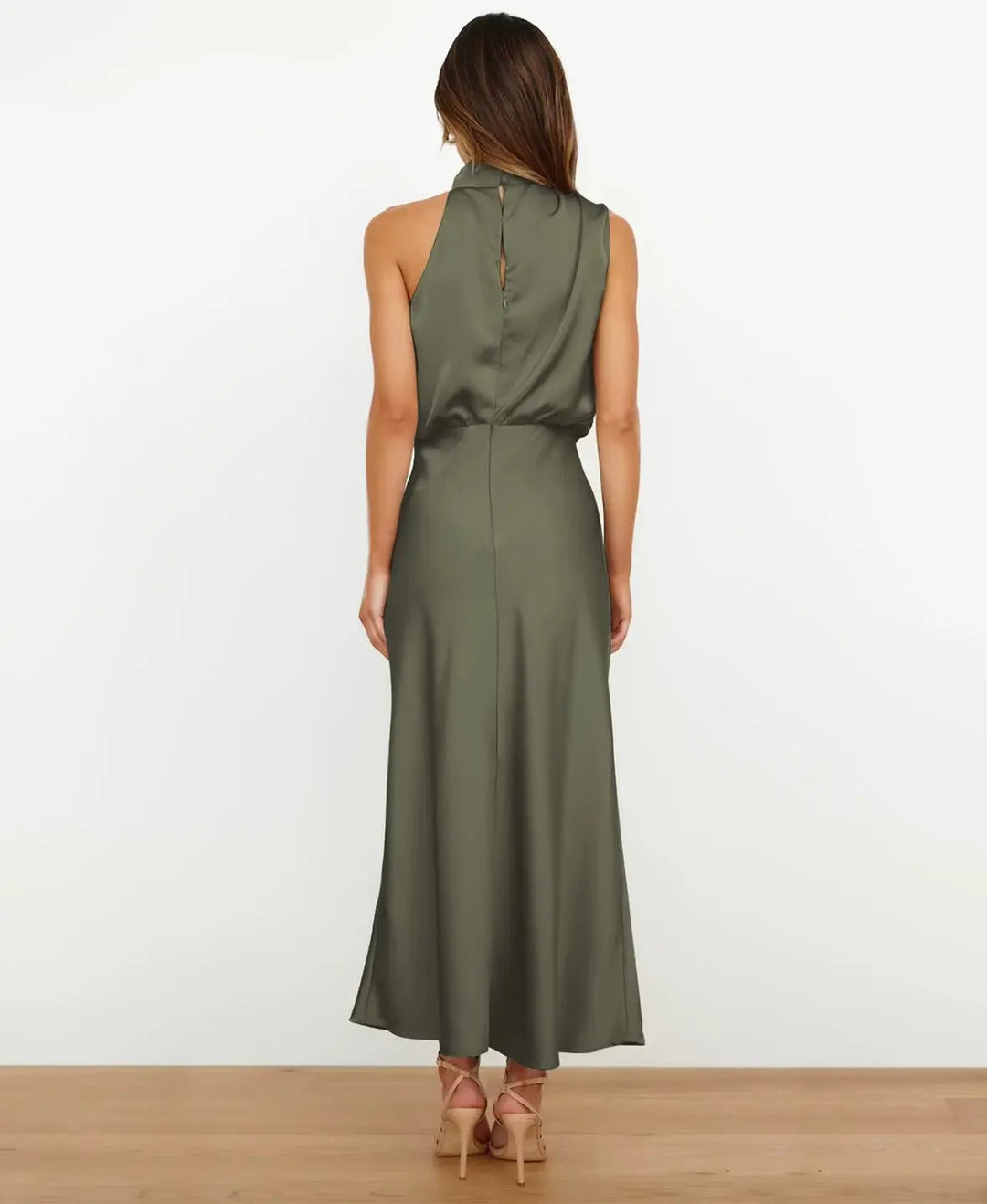 Midi Dress with Draped Neckline - Elegant Stretchy Fitted Dress