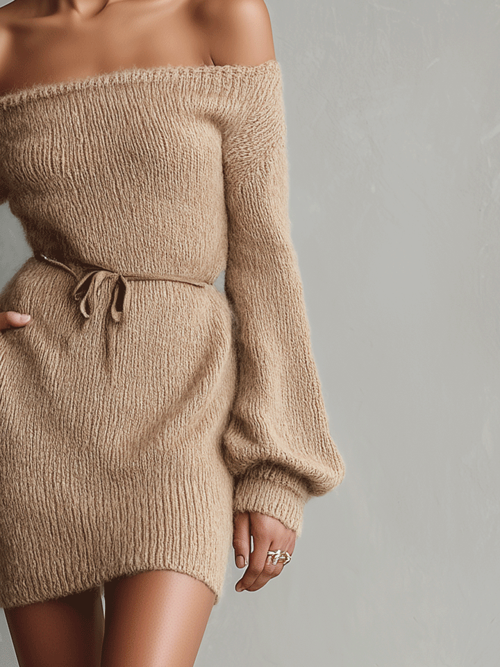 Off Shoulder Sweater Dress with Belt for Women in Camel