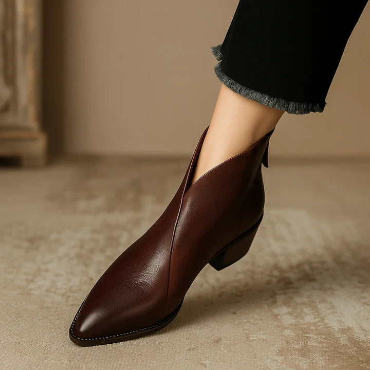 Leather Ankle Boots for Women with Pointed Toe and Block Heel