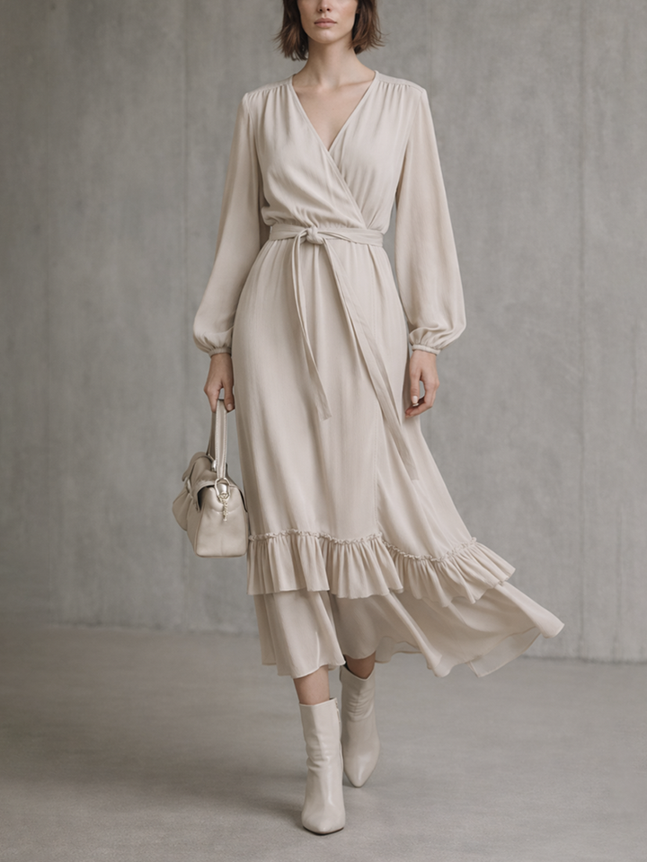 Wrap Midi Dress with Ruffled Hem Long Sleeve
