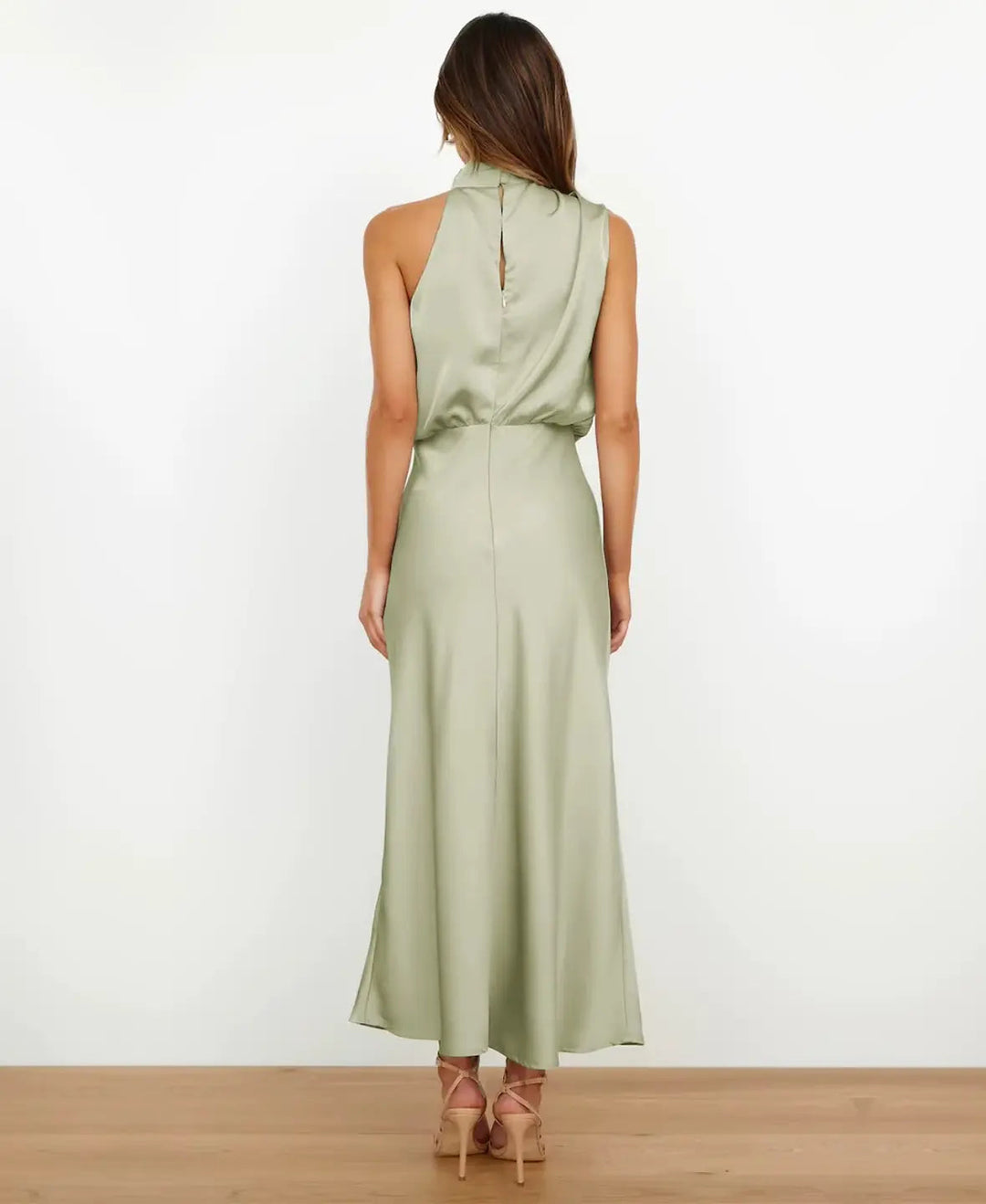Midi Dress with Draped Neckline - Elegant Stretchy Fitted Dress