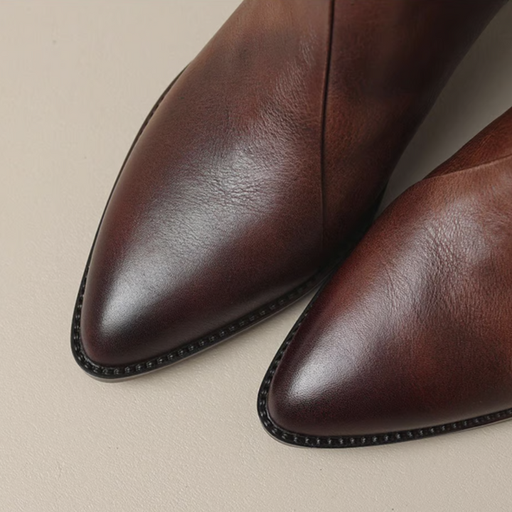 Leather Ankle Boots for Women with Pointed Toe and Block Heel