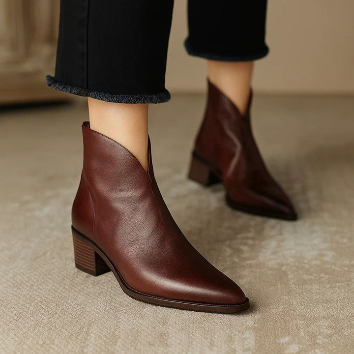 Leather Ankle Boots for Women with Pointed Toe and Block Heel