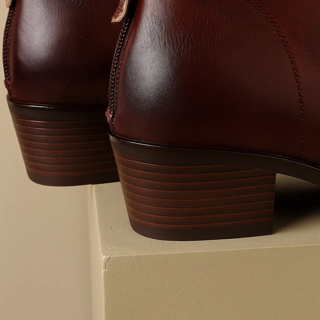 Leather Ankle Boots for Women with Pointed Toe and Block Heel