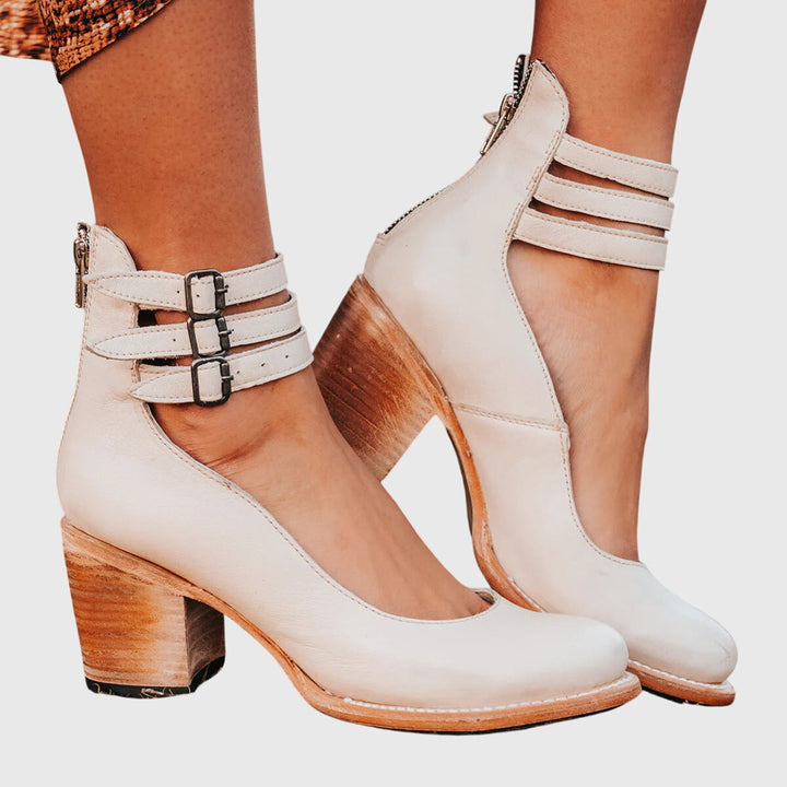 Women's Cutout Ankle Boots with Buckle Straps and Block Heel