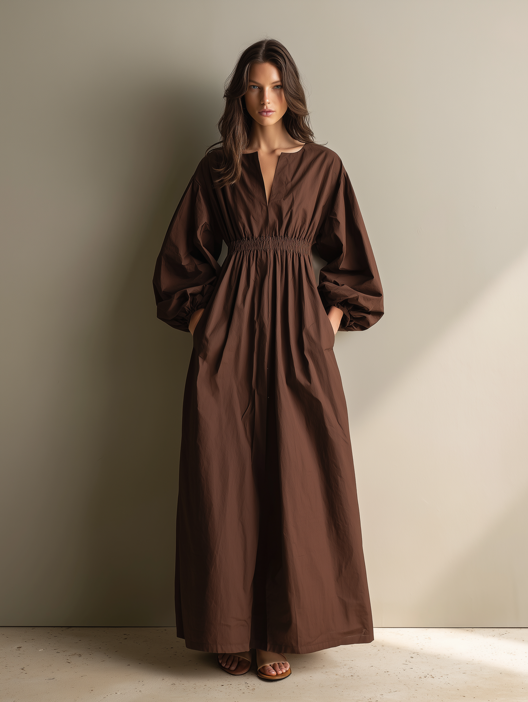 Cotton Linen Maxi Dress with V-Neck and Long Sleeves