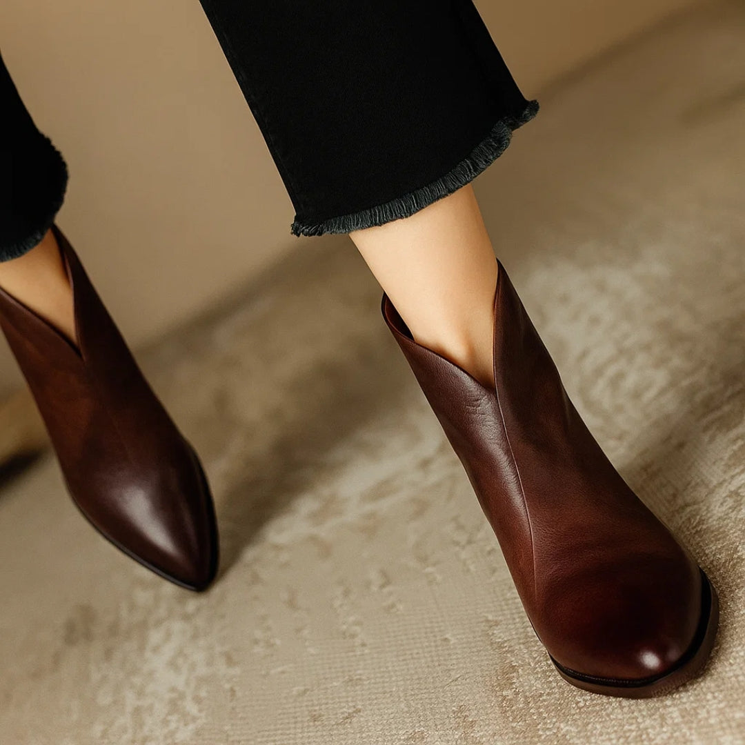 Leather Ankle Boots for Women with Pointed Toe and Block Heel