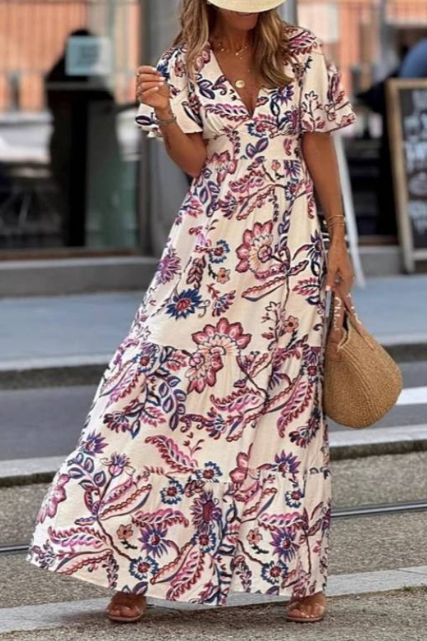 uo floral puff sleeve maxi dress Elegant Long Maxi Evening Dress In Floral Print