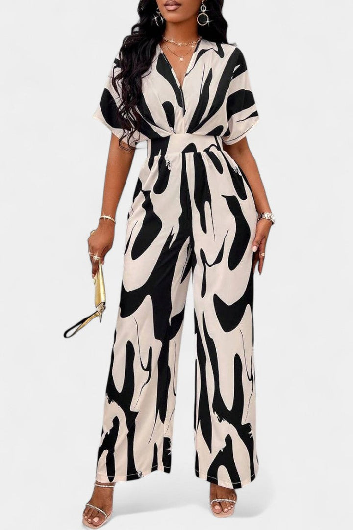 Wide Leg Jumpsuit V-Neck Abstract Print Elegant Occasion Wear