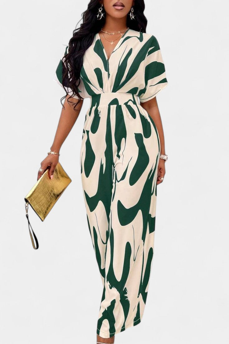 Wide Leg Jumpsuit V-Neck Abstract Print Elegant Occasion Wear