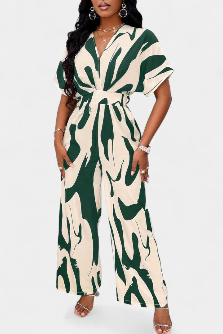 Wide Leg Jumpsuit V-Neck Abstract Print Elegant Occasion Wear