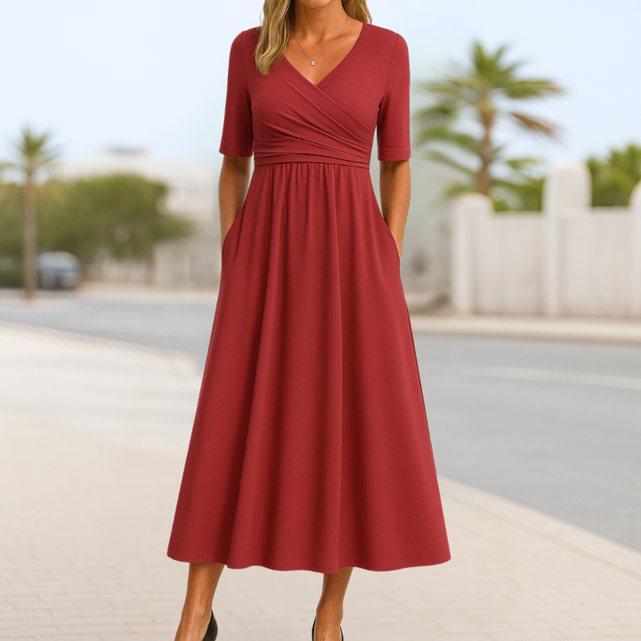 Short Sleeve Wrap Dress with Pleated Detail