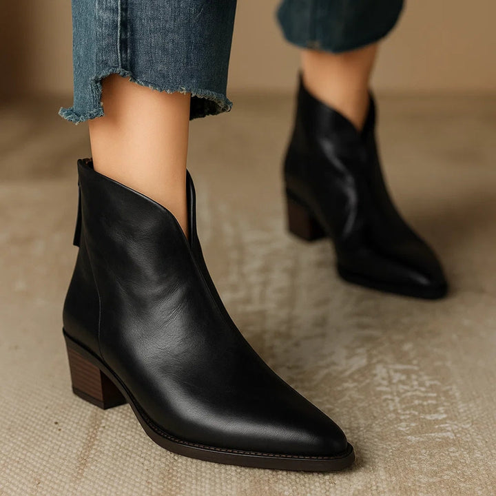 Leather Ankle Boots for Women with Pointed Toe and Block Heel