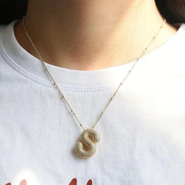 Initial Necklace Set Gold Bubble Letter Pendant