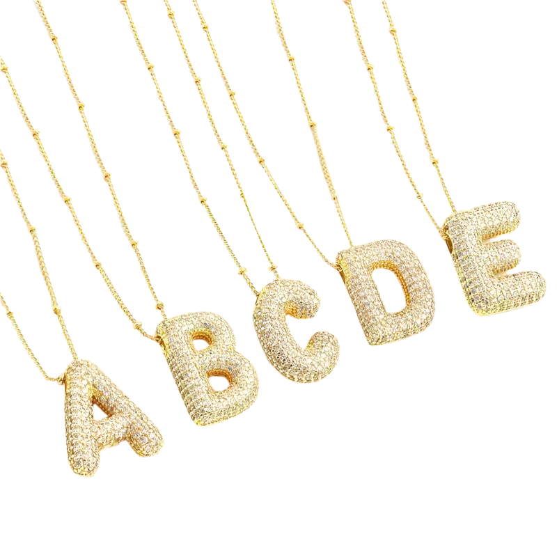 Initial Necklace Set White Gold - Personalized Bubble Letter Pendant