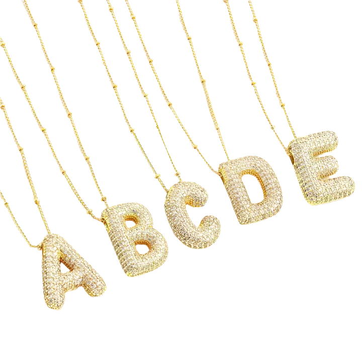 Initial Necklace Set Gold Bubble Letter Pendant