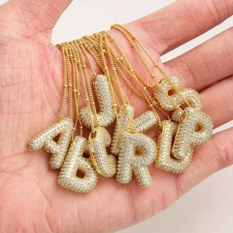 Initial Necklace Set Gold Bubble Letter Pendant