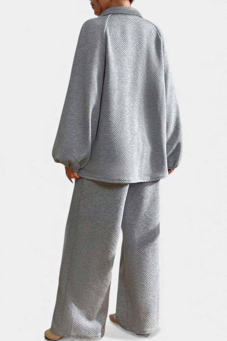 Textured Two Piece Set - Collared Top and Wide Leg Pants