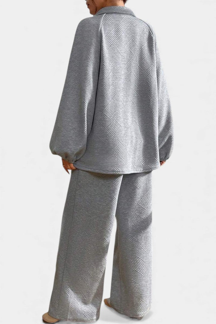 Textured Two Piece Set - Collared Top and Wide Leg Pants