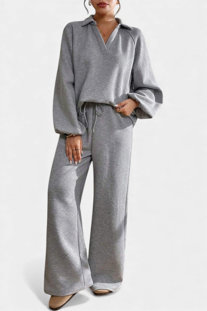 Textured Two Piece Set - Collared Top and Wide Leg Pants