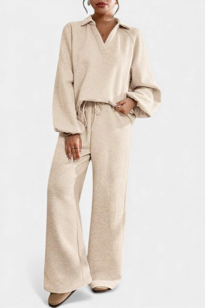 Textured Two Piece Set - Collared Top and Wide Leg Pants