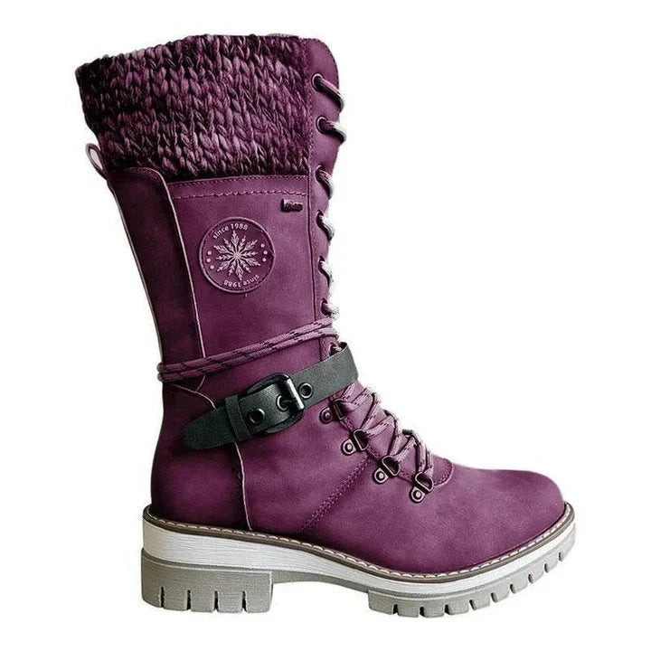 Mid Calf Winter Boots for Women with Knit Cuff and Lace Up Detail