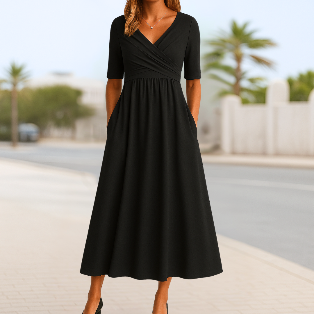 Short Sleeve Wrap Dress with Pleated Detail