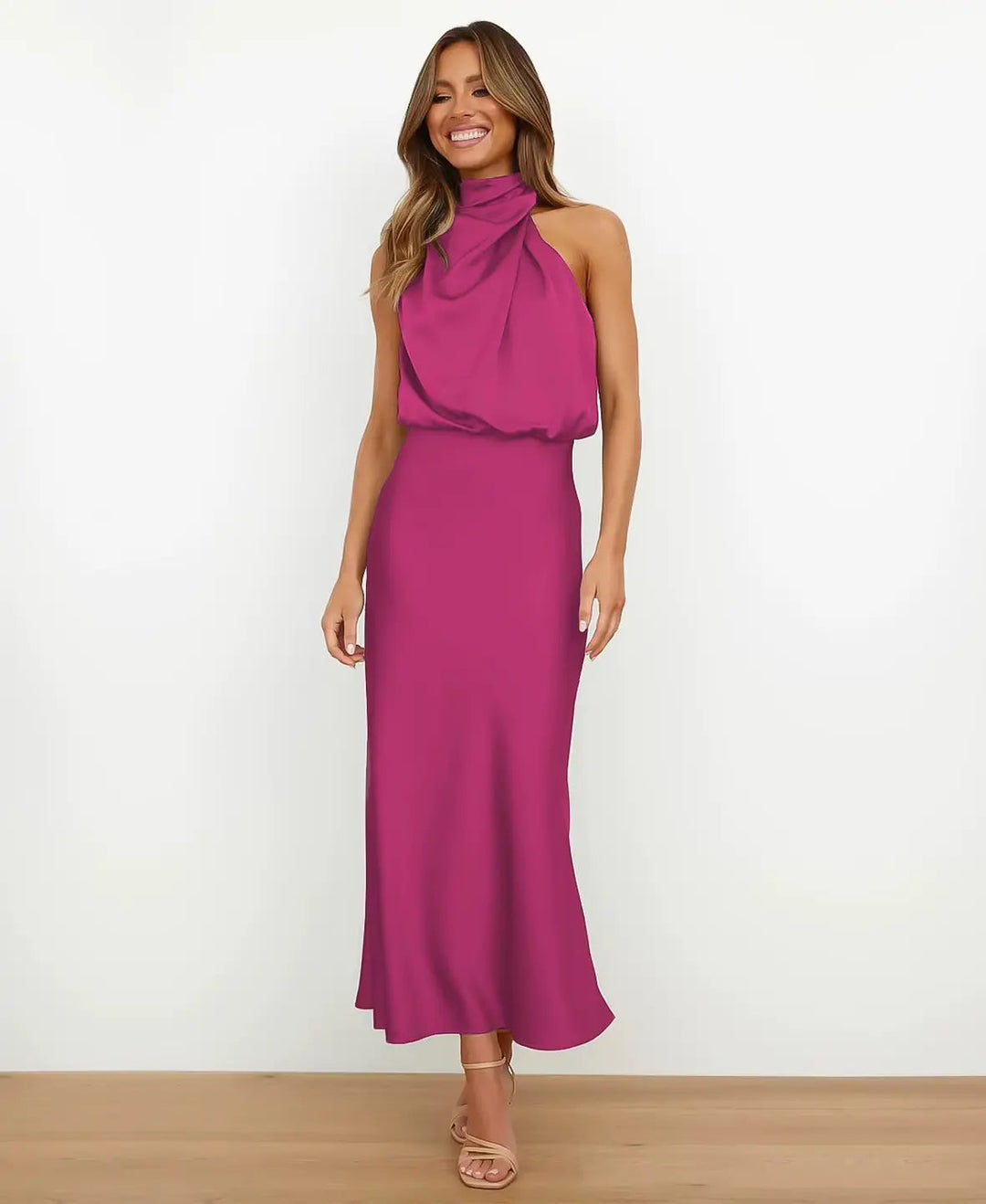 Midi Dress with Draped Neckline - Elegant Stretchy Fitted Dress