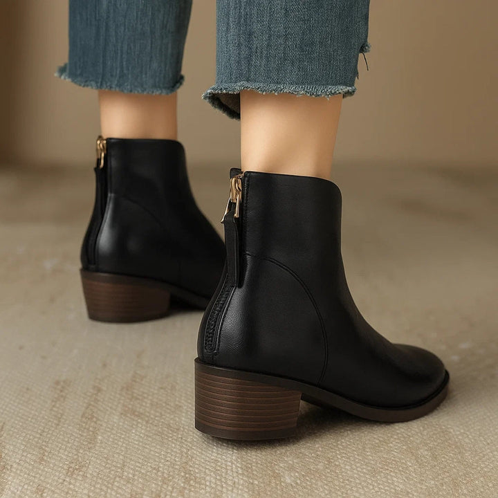 Leather Ankle Boots for Women with Pointed Toe and Block Heel