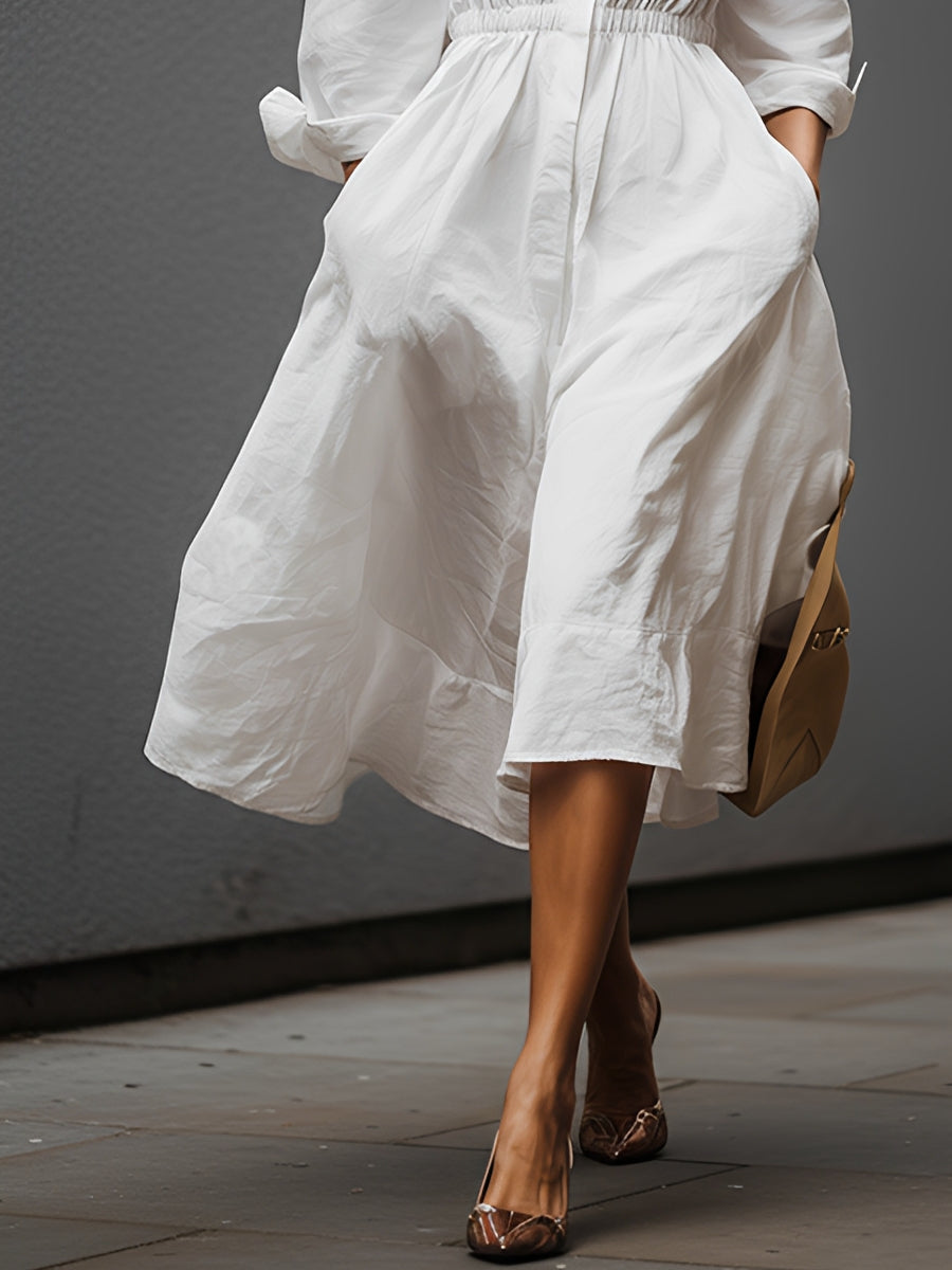 White Linen Shirt Dress for Women with Elastic Waist