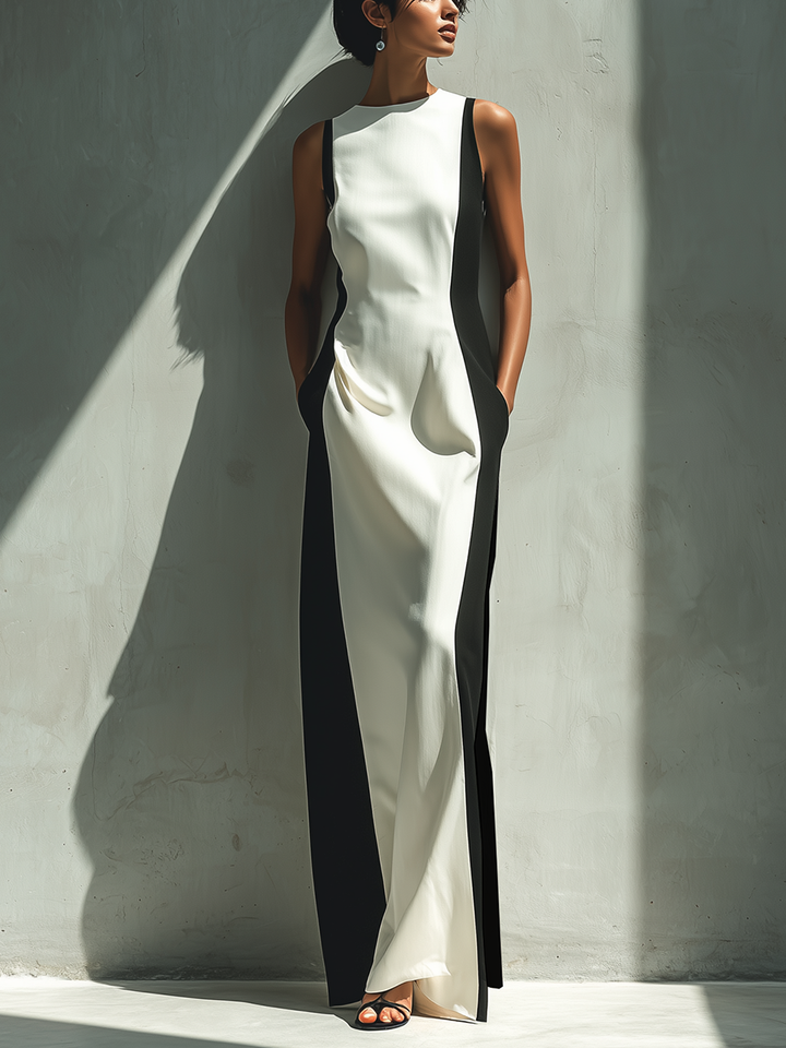 Color Block Maxi Dress Sleeveless with Pockets