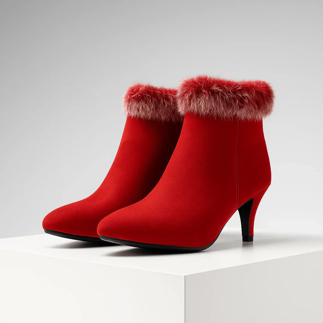 Pointed Toe Ankle Boots for Women with Kitten Heel and Fur Trim