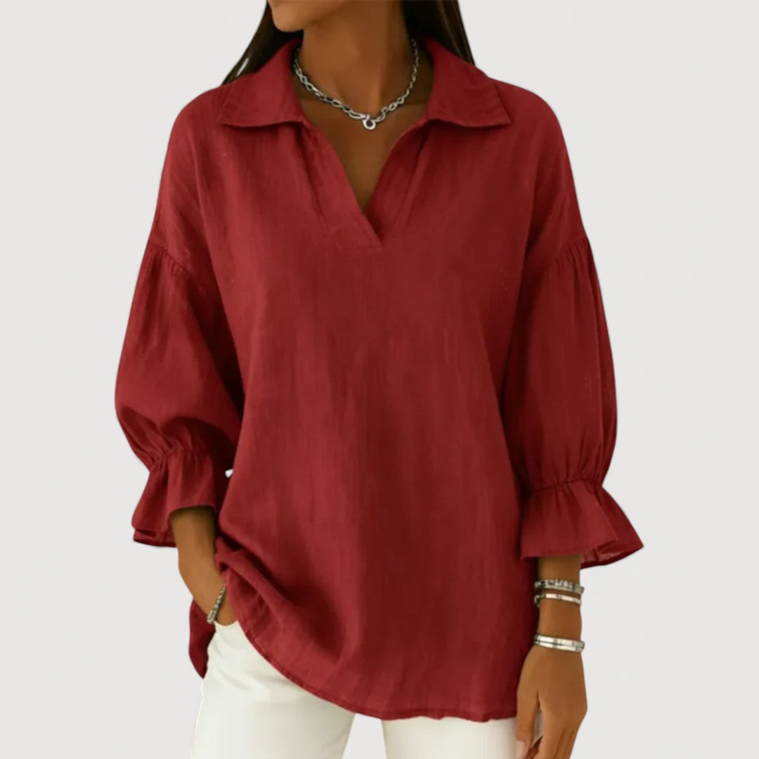 Flowy Blouse with V-Neck and Flared Sleeves for Women