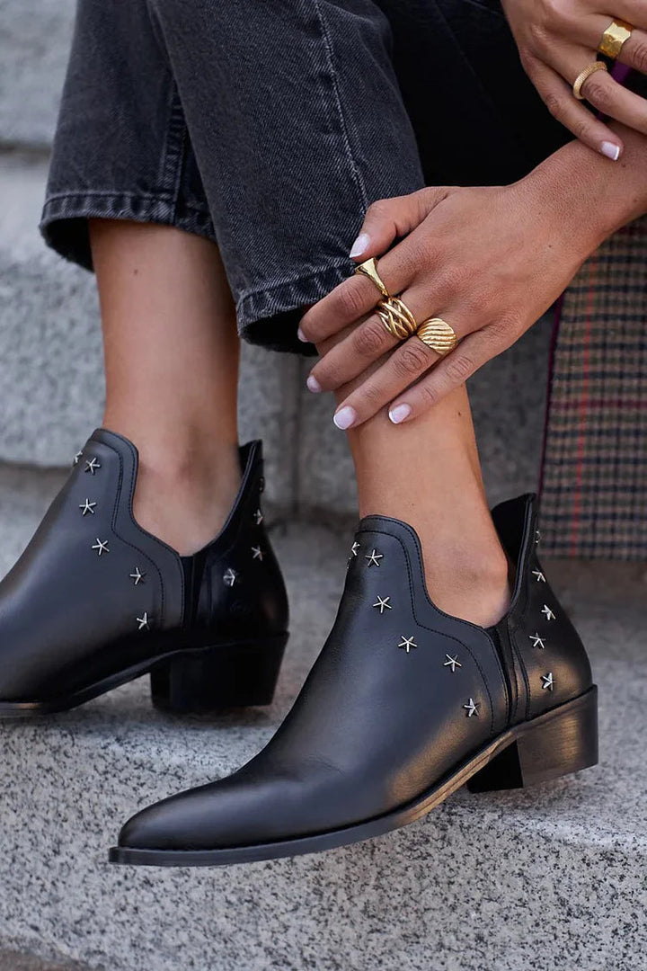 Black Leather Ankle Boots with Pointed Toe and Star Studs