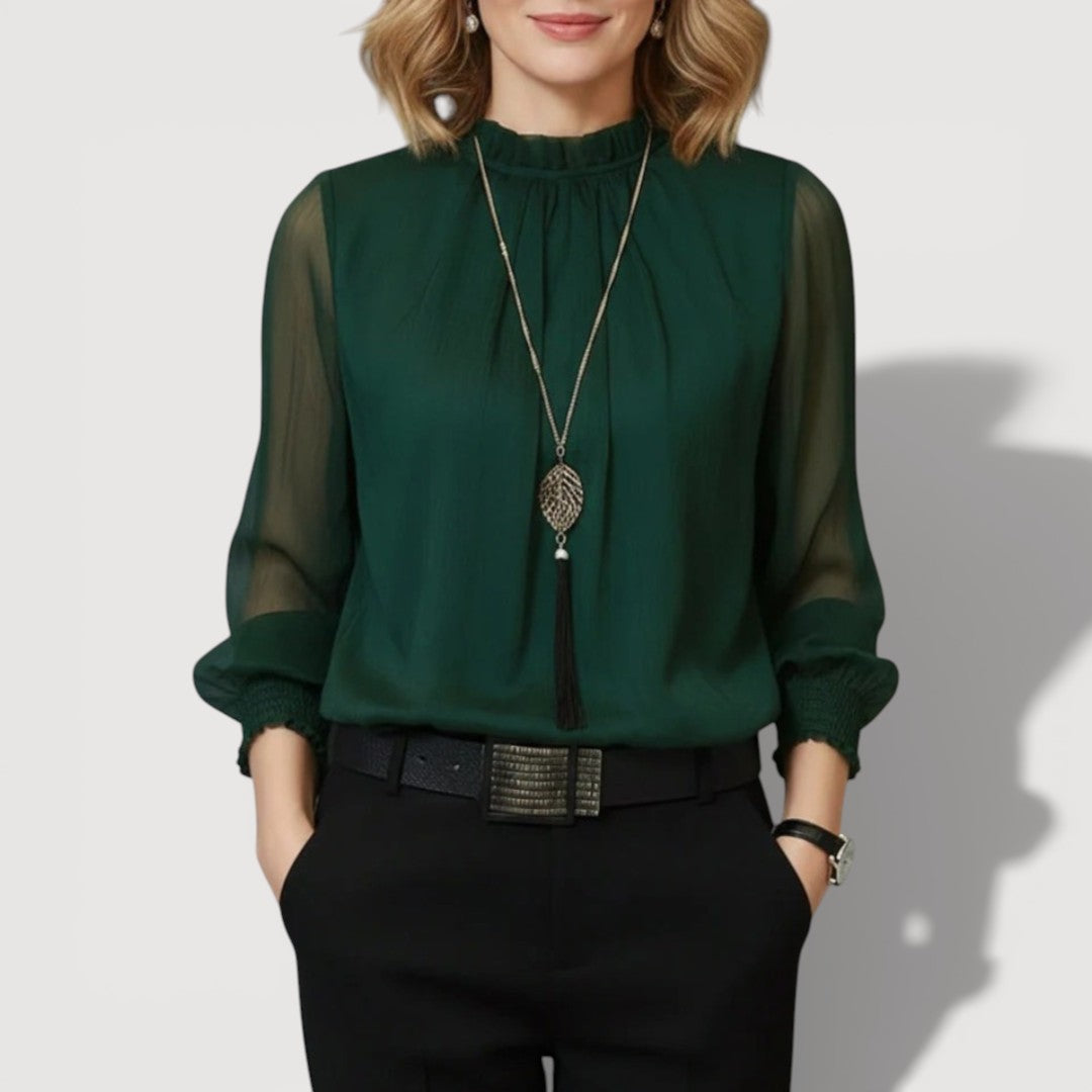 Elegant Blouse with Sheer Sleeves - Gathered Neckline Top