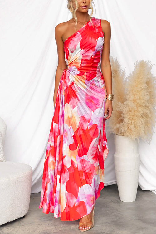 One Shoulder Summer Dress - Pleated Asymmetric Print Dress