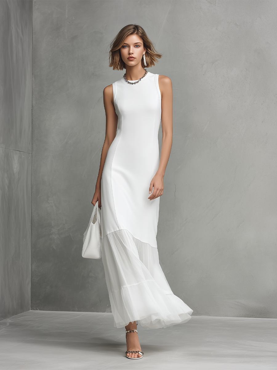 White Sleeveless Maxi Dress with Chiffon Ruffle Hem