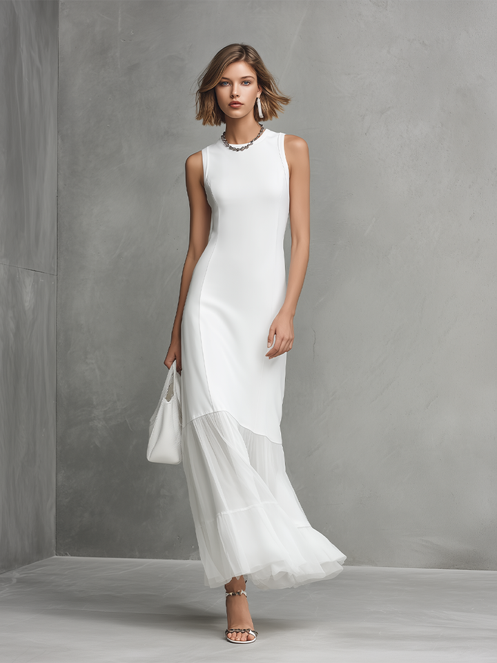 White Sleeveless Maxi Dress with Chiffon Ruffle Hem