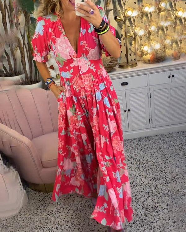 Floral Maxi Dress with V-Neck | Flowing Feminine Silhouette