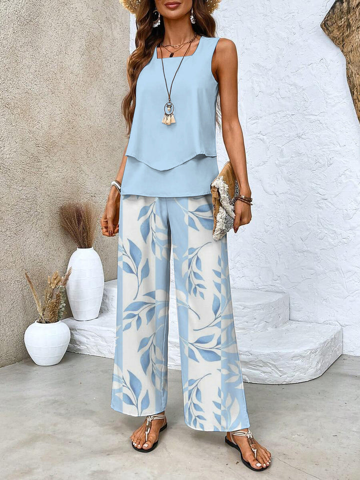 Two Piece Summer Set for Women - Elegant Sleeveless Top and Wide Leg Pants
