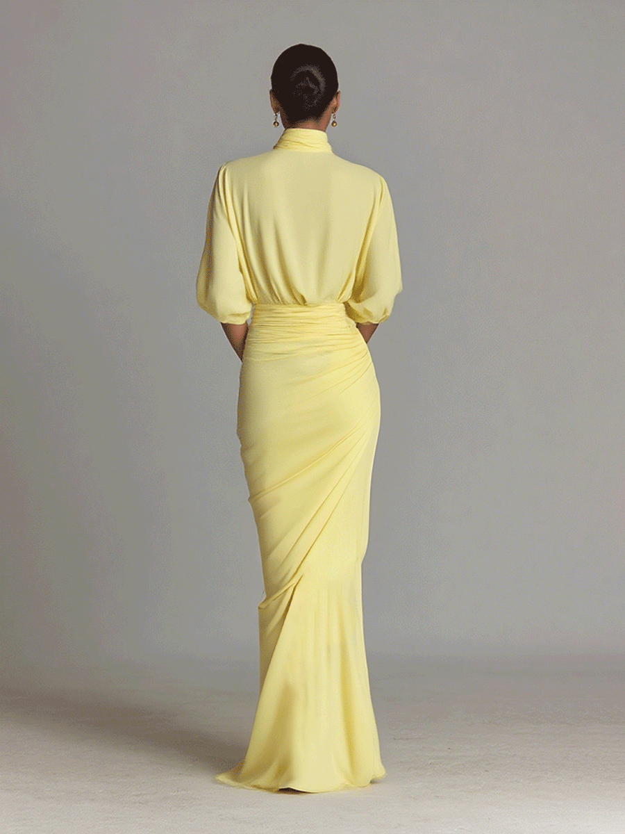 Yellow Maxi Dress for Women - Flowy V-Neck Long Sleeve