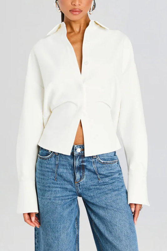 Draped Button Up Blouse for Women - Elegant Long Sleeve Top