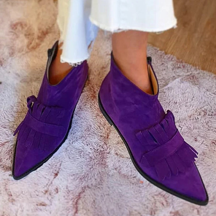 Purple Suede Ankle Boots with Fringe Trim and Pointed Toe