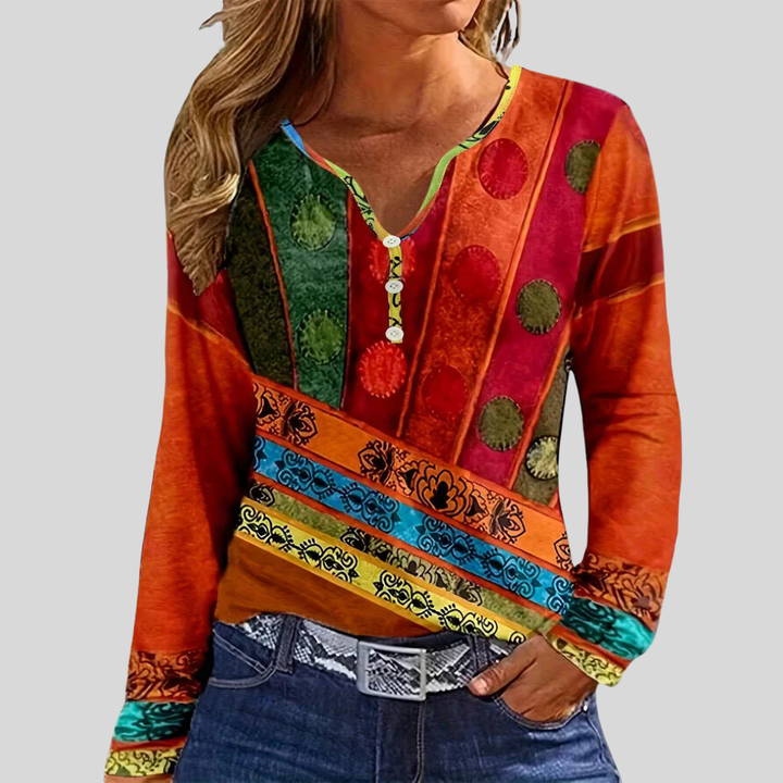 Ethnic Print Blouse Long Sleeve V-Neck Top for Women
