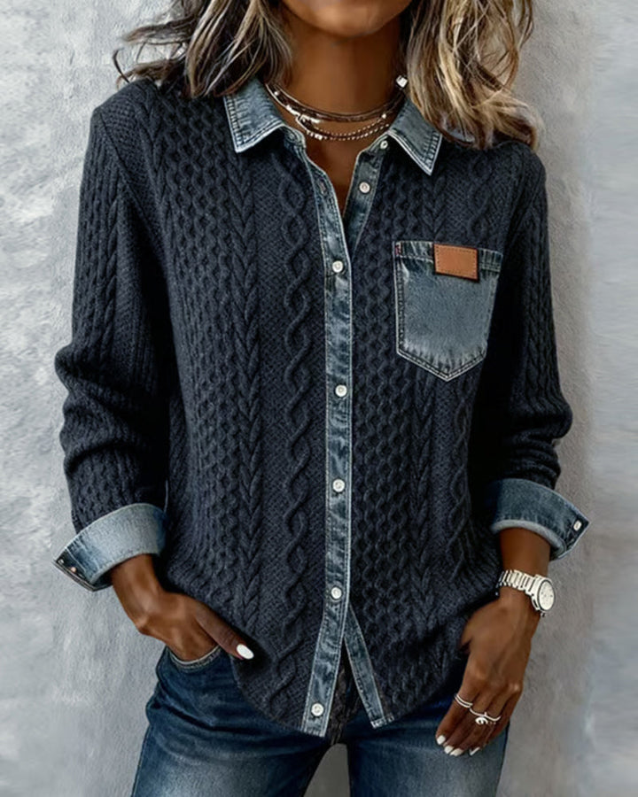 Denim Patchwork Button Down Shirt - Long Sleeve Cotton Blend Top