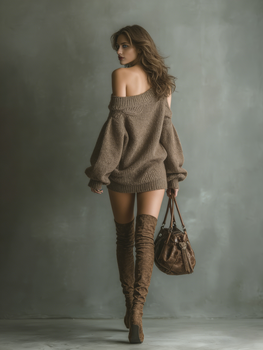 Off Shoulder Sweater Dress for Women in Brown Knit