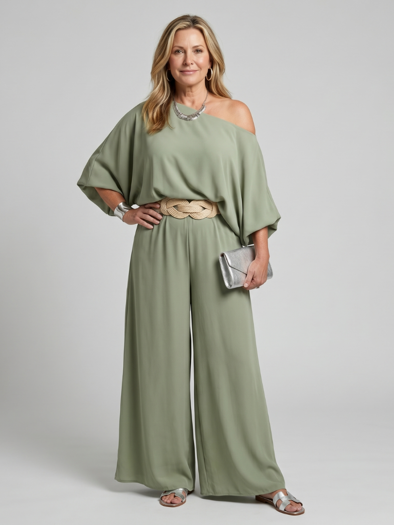 One Shoulder Top and Wide Leg Pants Set for Women